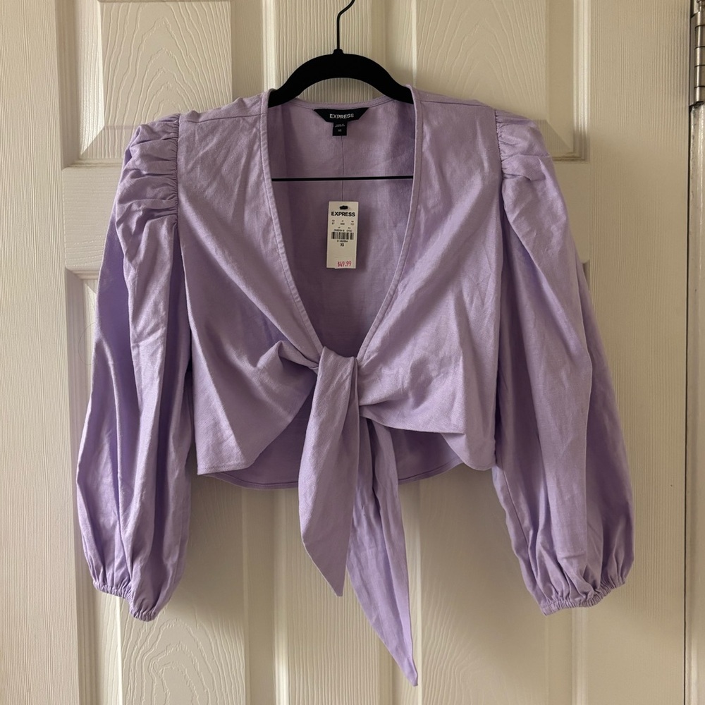 Express Lavender Tie-Front Linen Blend Top